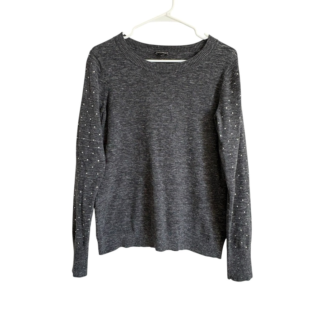 Express Gray Sweater Size Small Rhinestone Embellished Sleeve Crew Neck Cotton